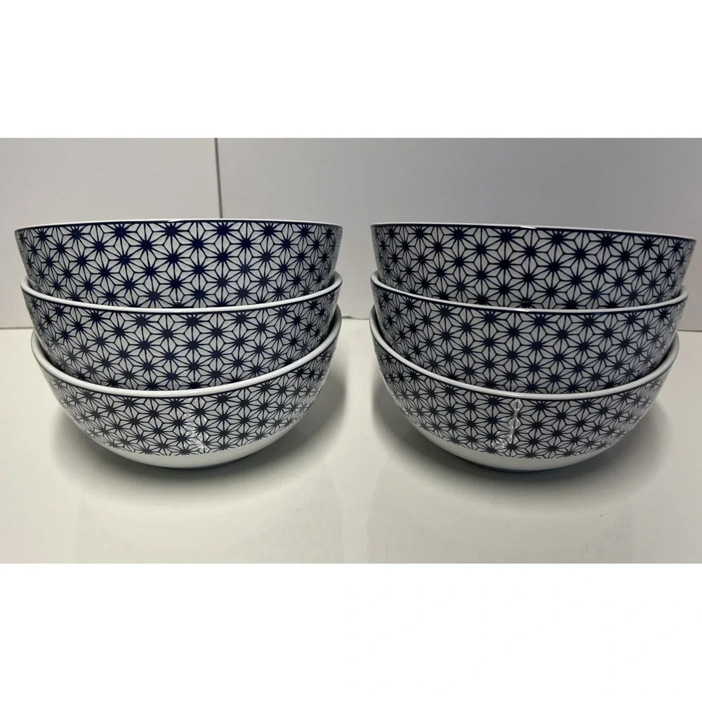 MIKASA Stoneware AVERY MEDLEY BLUE Geometric Design Bowls Set of 6